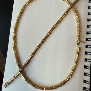 18k Yellow Gold Bamboo Necklace and Bracelet Set